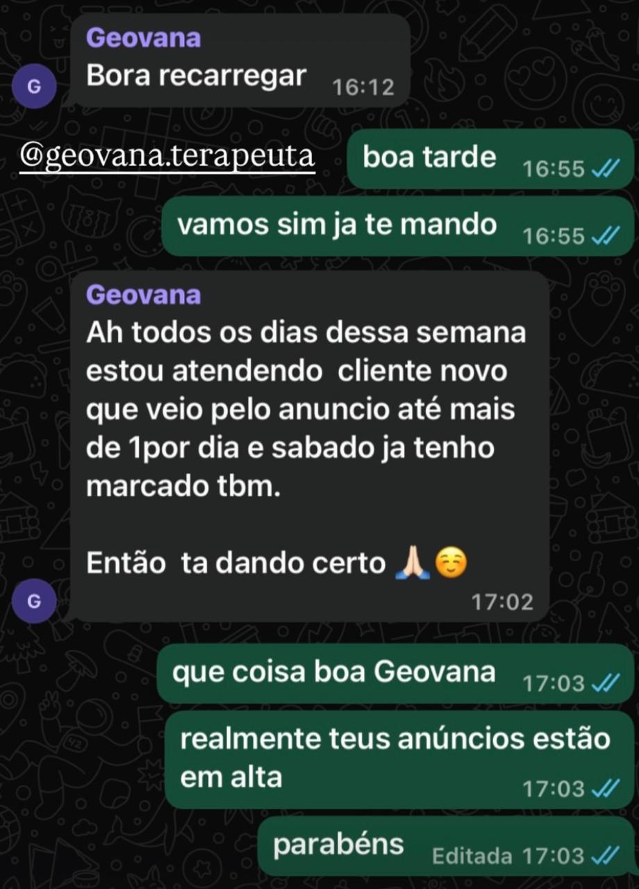 Conversa de WhatsApp em que a terapeuta relata atendimentos diários de clientes novos vindos pelo anúncio